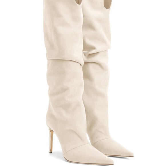 Coutgo Shoes - Womens Size 7.5 Slouchy Pointed Toe Knee High Boots Beige Fall Autumn